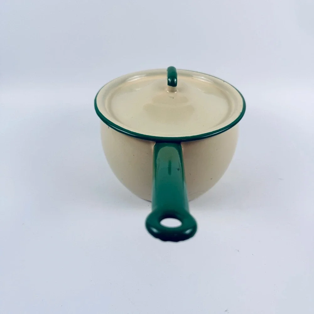 Vintage Cream Green Enamel‎ Saucepan w Lid Farmhouse Cottage Kitchen